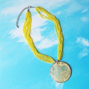 Vintage 90s Yellow Beaded Necklace with Shell Disc Pendant
